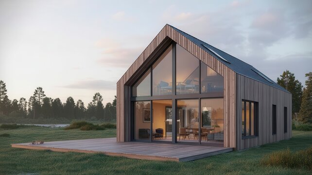 Modern wooden cabin with large glass windows, contemporary timber house in a forest clearing, minimalist scandinavian architecture at dusk
