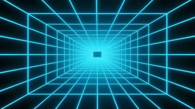 Blue glowing 3d grid tunnel