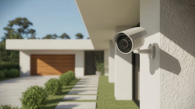 Modern security camera mounted on white wall of luxury house, outdoor surveillance system for home protection, smart residential monitoring technology