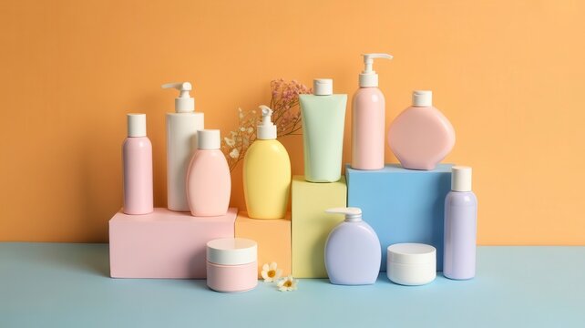 Pastel cosmetic packaging collection on geometric podiums, blank skincare bottles and jars, colorful beauty product mockups for branding