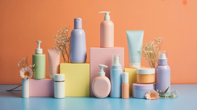 Pastel cosmetic packaging collection on geometric podiums, colorful skincare product bottles and tubes, aesthetic beauty branding mockup
