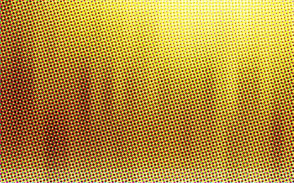 Vibrant yellow and red halftone dot pattern with bright comic book style aesthetic and circular textures for creative design