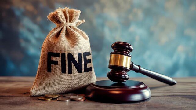 Legal fine money bag and judge gavel on wooden table, financial penalty concept, judicial law and order punishment with burlap sack