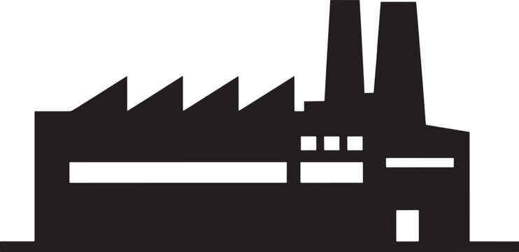 Black silhouette icon of a factory building with chimneys