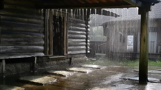 古民家の軒先から飛び石に滴る雨水 シームレスループ動画背景 16:9 4K