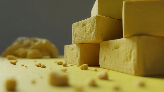 Artisanal yellow soap bars stacked on a wooden surface, natural handmade organic soap blocks, textured skincare product photography