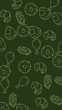 Green background pattern with various food items like croissants, donuts, rice balls, and chicken legs. Ideal for foodthemed designs.