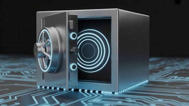 Digital cyber security safe on circuit board background, open steel vault for data protection, futuristic metallic strongbox for financial privacy