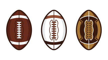 Football ball icon set. Traditional brown american football designs featuring white stripes and lace patterns for sports, games, tournaments, training, teams, and athletic events. © Mahinur