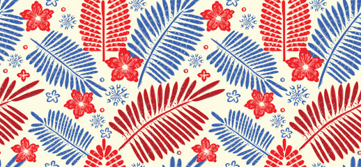 Fototapeta premium Tropical Pattern With Red Flowers And Blue/Red Leaves. 