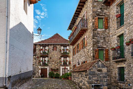 Old town of the beautiful village Anso, Pyrenees region, Huesca, Aragon, Spain.