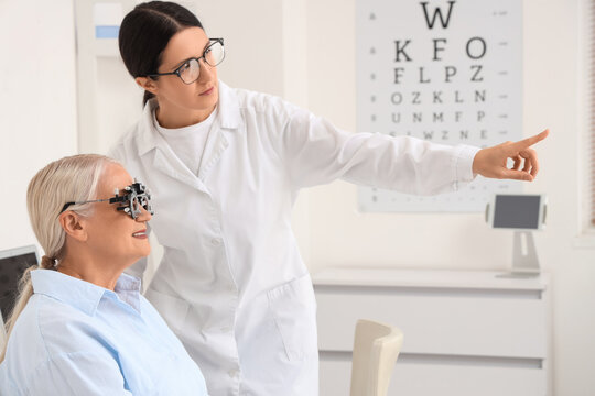 Eye exam and vision care, optometrist performing sight test for senior patient in clinic with eye chart for ophthalmology checkup and health screening
