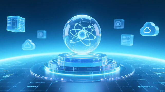 Transparent blue sphere with atomic structure