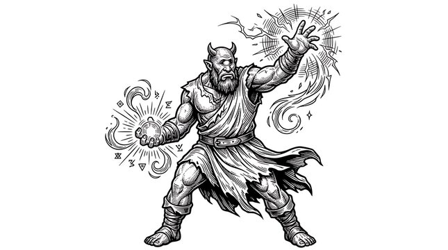 Vintage Woodcut Illustration of a Powerful Cyclops Sorcerer Casting Magic Spells with Energy Sparks