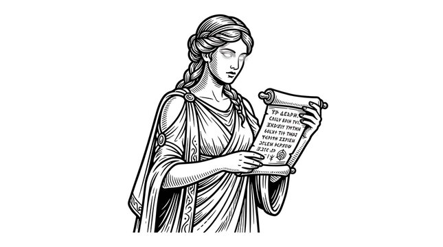 Ancient Greek Goddess Oracle Reading a Prophecy Parchment Scroll, Mythological Sibyl Line Art Design