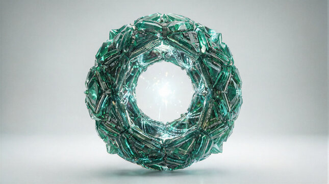 Emerald crystal ring synthetic gemstone geometry hovering in empty space with intricate microtechnology details for modern abstract technology concepts