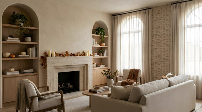 Modern beige living room with fireplace and arched shelving.