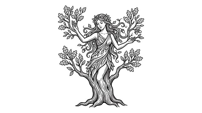Mythological Dryad Forest Spirit with Oak Leaves and Acorns Line Art Illustration for Coloring Book