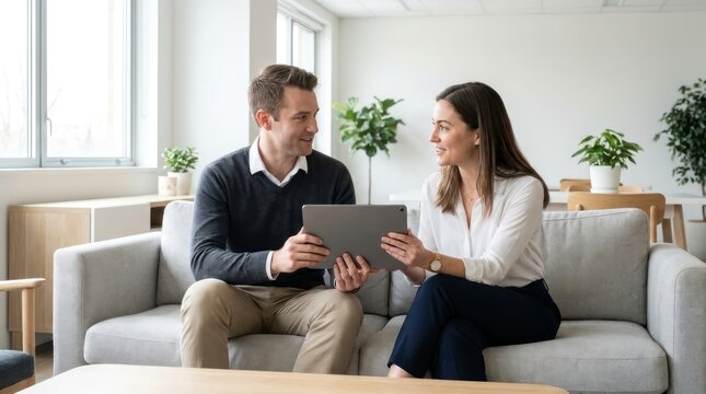 Business colleagues discussing ideas with a tablet in office