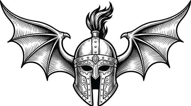 Spartan Gladiator Helmet with Bat Wings and Plume, Vintage Woodcut Style Warrior Illustration Vector