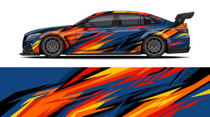 Fototapeta premium Colorful racing car with dynamic flame design wrap.