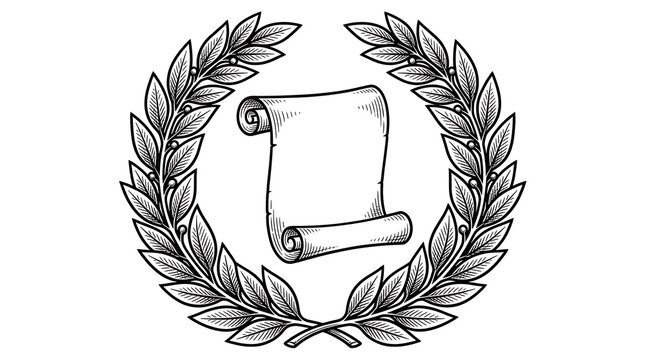 Vintage Hand Drawn Engraving of a Laurel Wreath Surrounding a Blank Scroll Parchment Document