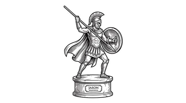 Hand Drawn Illustration of Spartan Hero Jason Wrathful with Spear and Shield on Stone Pedestal
