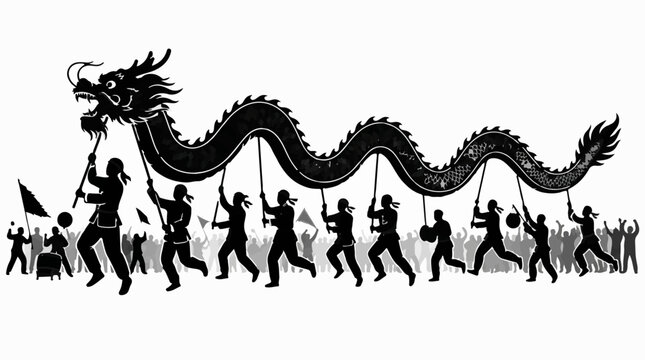 Performers carrying a long dragon puppet in a parade silhouette