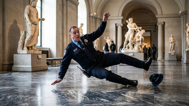 Museum Security Guard Slipping and Falling on Slippery Marble Floor Near Classical Statues