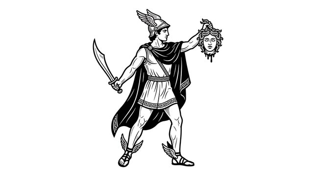 Ancient Greek Hero Perseus Holding Severed Head of Gorgon Medusa with Sword and Winged Helmet Illustration