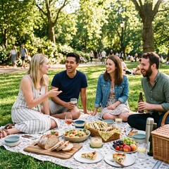 Friends having picnic with homemade food in park