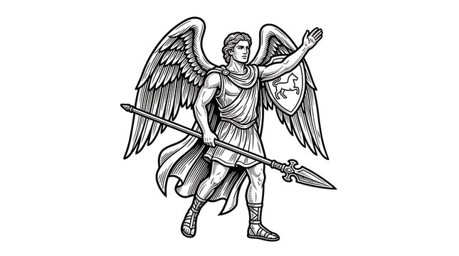 Powerful Archangel Saint Michael Holding Spear and Shield, Vintage Woodcut Engraving Line Art Style