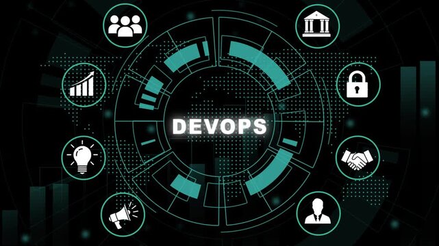 Advanced devops software development lifecycle concept featuring animated digital hud interface with integrated business process for cloud computing, agile methodology, and enterprise it