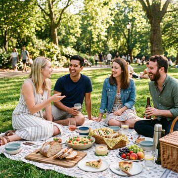 Friends having picnic with homemade food in park