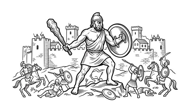 Epic Mythological Battle Scene Featuring Cyclops Giant with Club and Shield Attacking Ancient Fortress