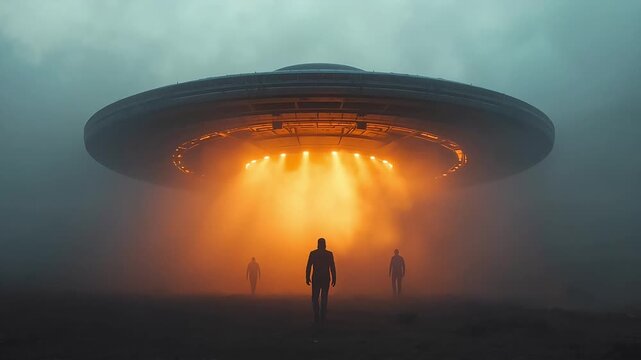 Silhouettes of mysterious people approaching a glowing spaceship during a foggy night in this cinematic science fiction motion video clip