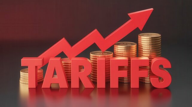 Tariffs text with rising red arrow and gold coin stacks, global trade tax concept, increasing import duties and economic inflation visualization