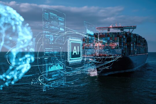 A cargo ship at sea with a digital overlay illustrating AI technology and data flow, symbolizing AI integration in maritime shipping.