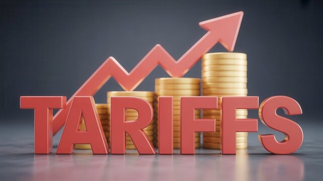 Tariffs text with rising arrow and gold coin stacks, global trade tax and economic growth concept, financial import duty and trade war illustration