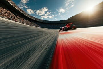 Obraz premium A dynamic shot of a red Formula 1 race car speeding on a curved track inside a large stadium under a partly cloudy sky.