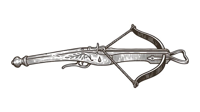 Vintage Hand Drawn Crossbow Illustration with Wood Grain and Engraved Details Isolated on White Background