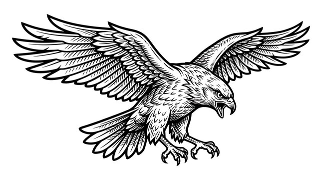 Detailed Black and White Hand Drawn Engraving of a Flying Bald Eagle Bird of Prey Vector Illustration