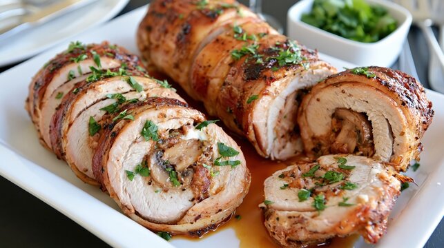 Savory rolled meat dish prepared with stuffing and herbs is presented on a plate.