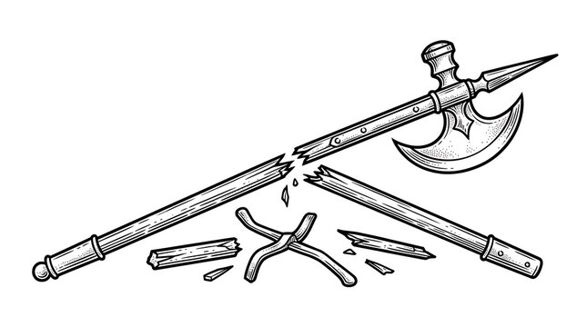 Vintage Woodcut Illustration of a Broken Medieval Poleaxe Halberd Isolated on White Background