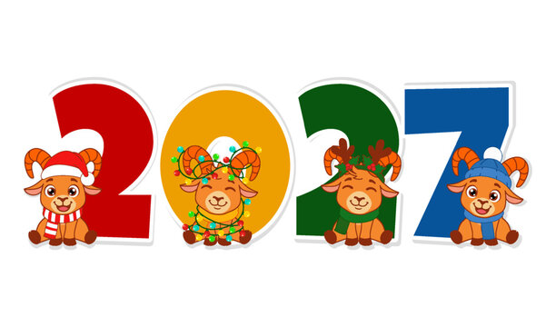 2027 New Year Numbers with Cute Christmas Goat Characters
