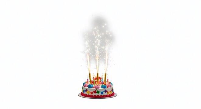 Delicious frosted birthday cake with glowing candles and bright colorful fireworks exploding in the night sky during a festive celebration party.