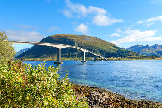 Sundklakkstraumen bridge in the Lofoten Islands, Norway. The Sundklakkstraumen bridge connects Gims&oslash;ya with Vestv&aring;g&oslash;ya