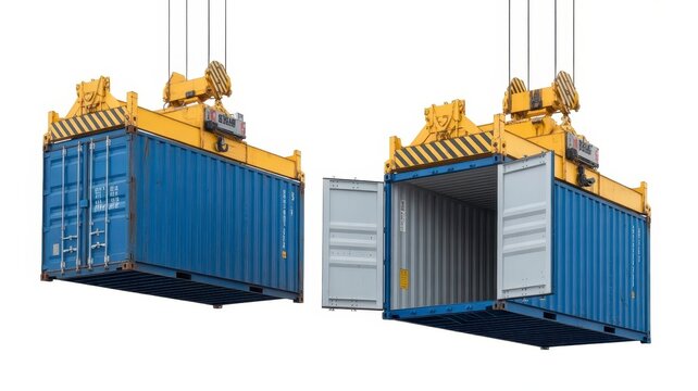 Industrial blue shipping containers suspended by crane spreaders, cargo freight containers with open and closed doors, global logistics and maritime trade