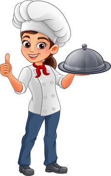 Happy female chef in white jacket and toque giving thumbs up while balancing a covered silver serving platter. Cute woman cook illustration for food delivery, bistro, dining or culinary promotion.