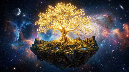 Majestic Golden Tree of Life on Floating Island in Cosmic Space Nebula